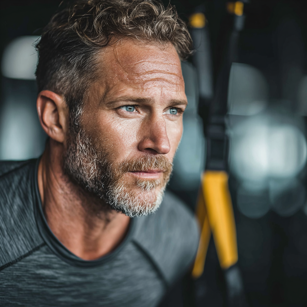 Mature athletic man performing functional training exercises in modern gym environment