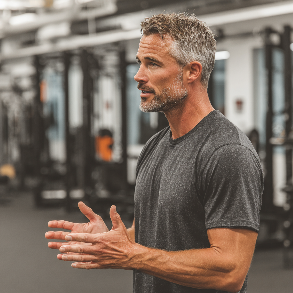 Professional middle-aged trainer demonstrating functional movement patterns in training facility